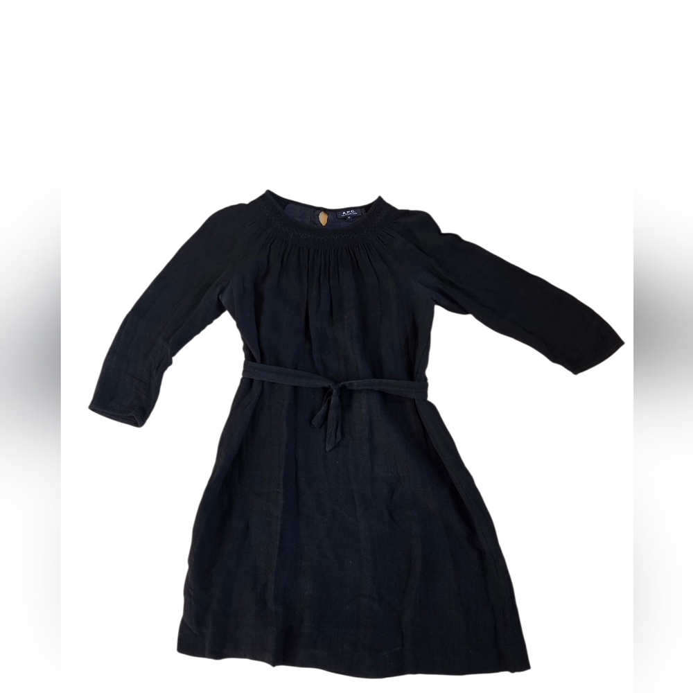 A.P.C. Linen Blend Knee Length Black Dress With Neck Detail Keyhole Back Belt M